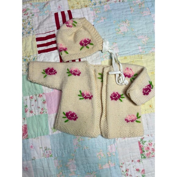 Vintage Infant Newborn Handmade Cardigan Sweater and Bonnet Rose Floral - Picture 1 of 8